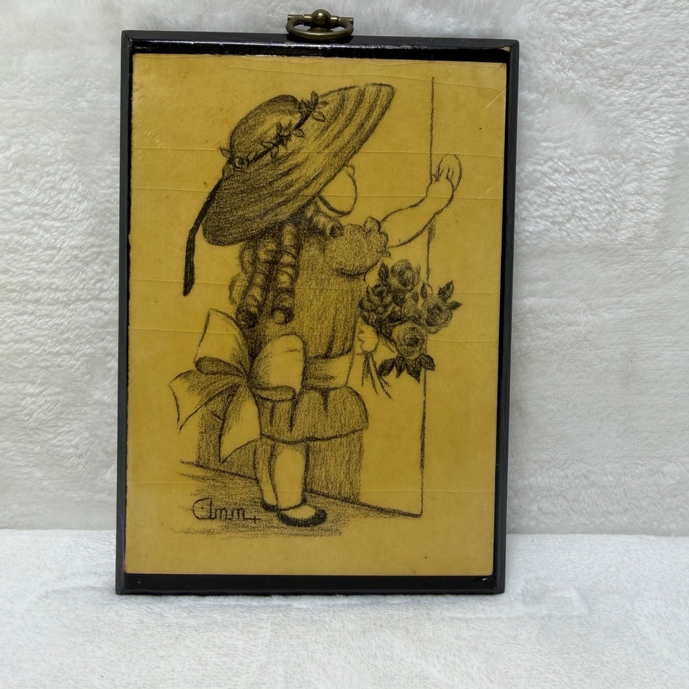 Vintage 1972 Ann Adams Wood Plaque Decoupage Girl in Sun‎ Hat Sketch Wall Art